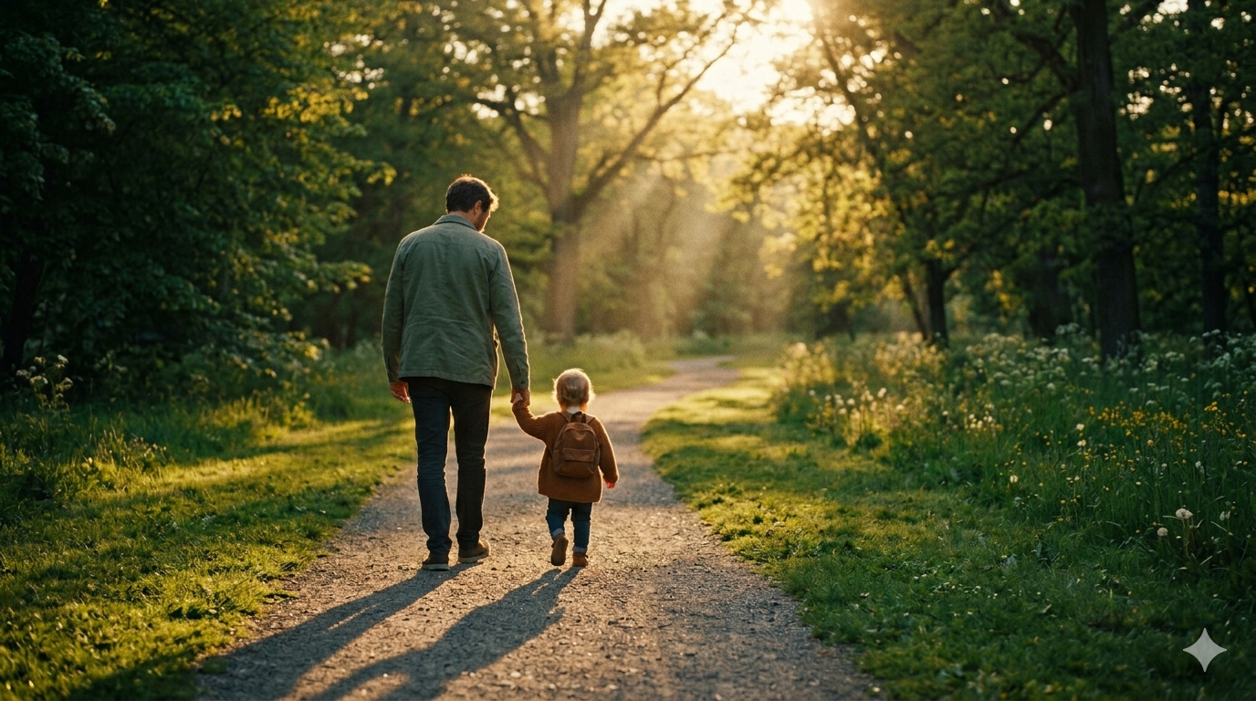Parent and child walking together in golden sunlight